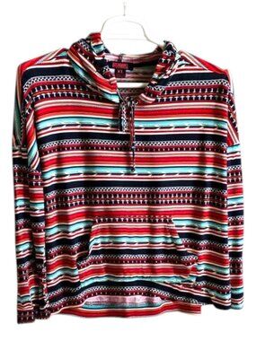 Rock & Roll Denim Aztec Stripe Hoodie Southwestern Baja Pullover Red Blue Sz XL